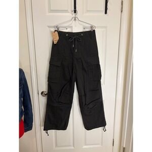 PMGO Mens Cargo Pants Black Drawstring Waist Multiple Pockets Size Large